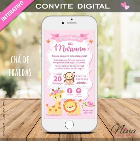 Convite Chá de Fraldas Safari Rosa