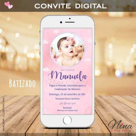 Convite Digital Batizado Rosa